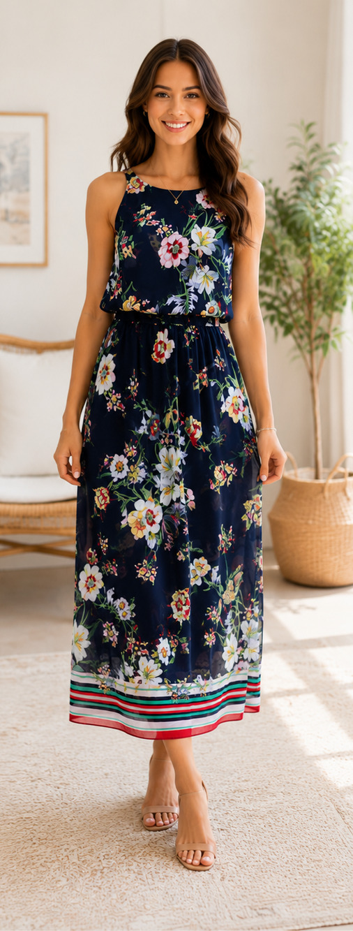 Robert Louis Dress Womens Navy Floral Layered Chiffon Maxi Sundress Size Small